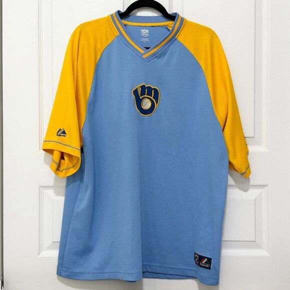 Men Majestic Milwakee Brewer Jersey Shirt in Blue and Yellow in Extra Large - Picture 1 of 9